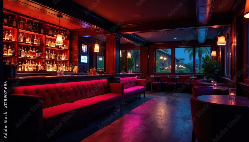 Low-lit bar area with plush couches and dark wood accents, bars-at-night, courtyard, nightlife Low-lit bar area with plush couches and dark wood accents, bars-at-night, courtyard, nightlife