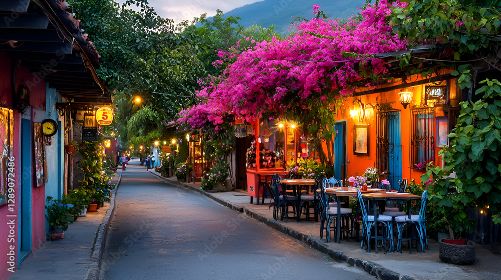 Naklejka premium Vibrant Colorful Street Scene at Night in a Mediterranean Village