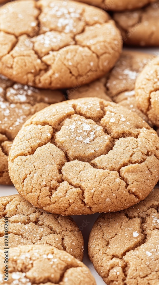 Delicious homemade ginger cookies arranged on a clean surface, showcasing their cracked texture and light dusting of sugar Delicious homemade ginger cookies arranged on a clean surface, showcasing their cracked texture and light dusting of sugar