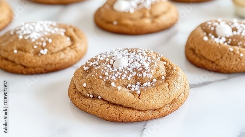 A delightful assortment of homemade ginger cookies, beautifully arranged on a marble surface and adorned with festive toppings, looks incredibly inviting