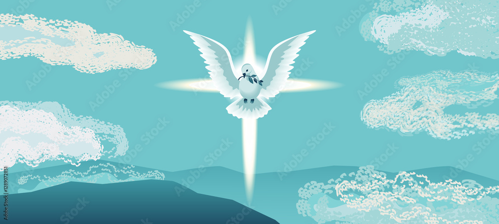 custom made wallpaper toronto digitalHoly Spirit Dove flies in blue sky religion holiday  illustration. Sacrament biblical church cross symbol. Easter Sunday Christian event, Pentecost, Trinity church banner template background