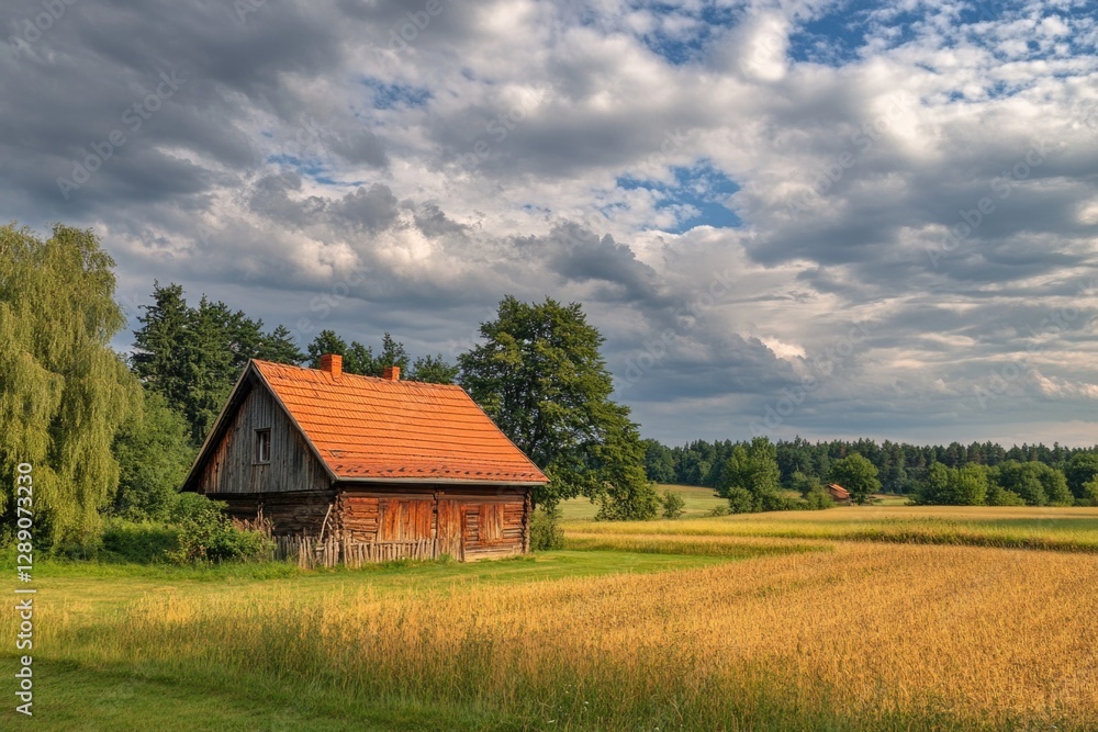 A cozy wooden house surrounded by a green field with tall trees in the background A cozy wooden house surrounded by a green field with tall trees in the background