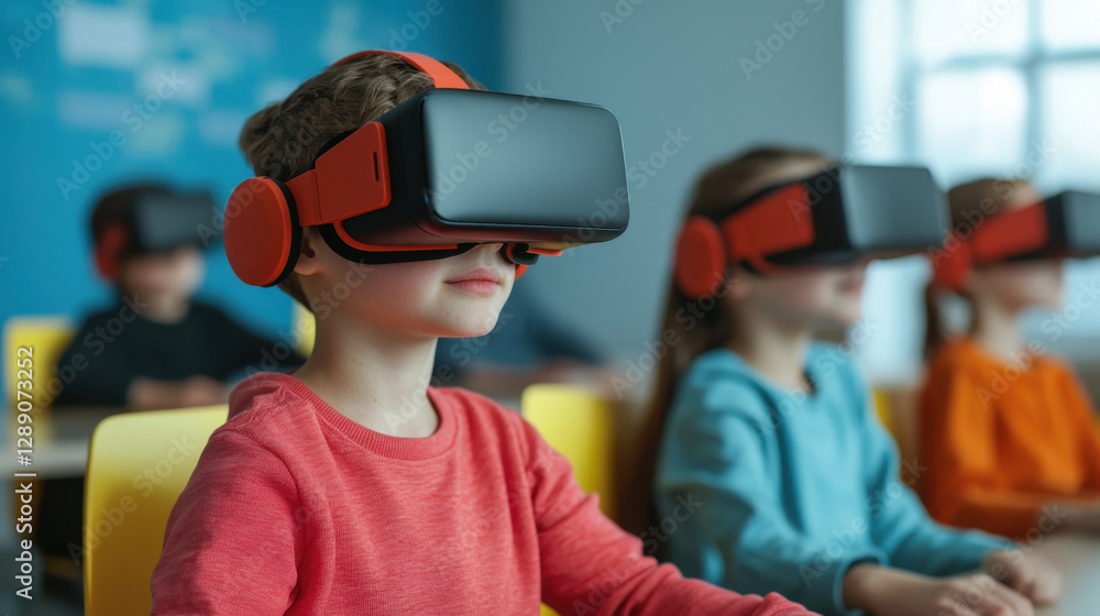 Virtual classroom online learning concept, Immersive learning experience with children using virtual reality headsets Virtual classroom online learning concept, Immersive learning experience with children using virtual reality headsets