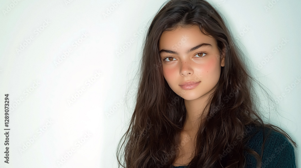 Portrait of young woman with long wavy brunette hair light skin and brown eyes against pale blue backdrop Portrait of young woman with long wavy brunette hair light skin and brown eyes against pale blue backdrop