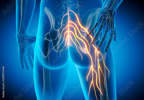 Medically accurate 3D illustration of a painful sciatic nerve cause by injury or irritation