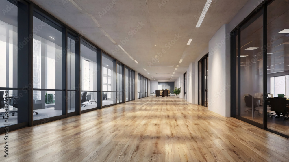 This long corridor in an office features a concrete ceiling with linear lights, large glass paneled walls on both sides offering views of office interiors. This long corridor in an office features a concrete ceiling with linear lights, large glass paneled walls on both sides offering views of office interiors.