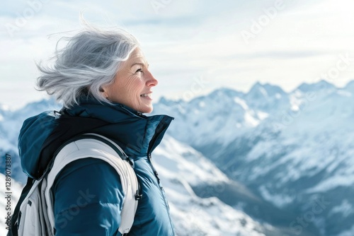 A senior woman with gray hair enjoys a scenic winter mountain view, feeling the fresh air and freedom.