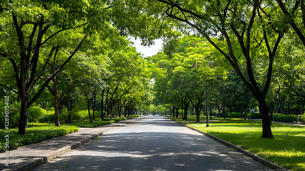 Sunlit Pathway Through Lush Green Trees in a Park Sunlit Pathway Through Lush Green Trees in a Park