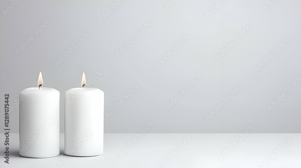 Two Lit White Candles on White Surface Against a White Background Two Lit White Candles on White Surface Against a White Background