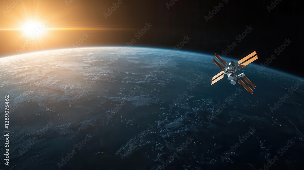 Obraz premium Giant space station orbiting Earth, privately funded commercial space habitat