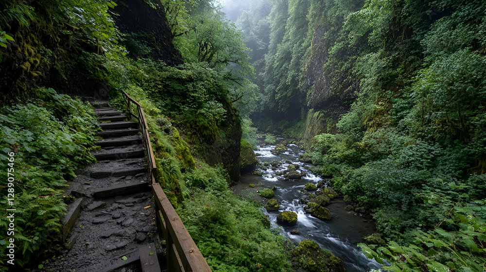 Misty Forest Path with River and Stone Steps Misty Forest Path with River and Stone Steps