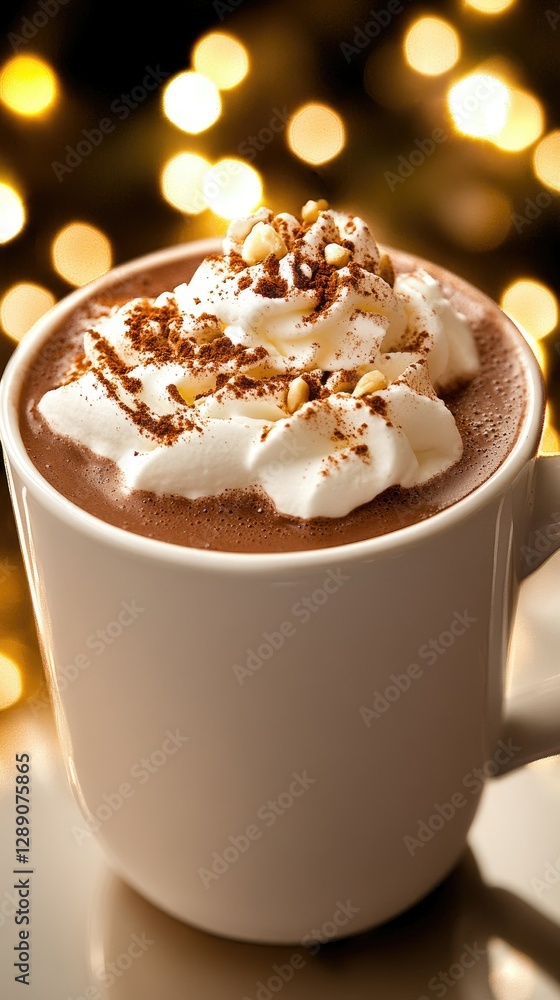 Warm and inviting hot chocolate topped with whipped cream and nuts on a festive background during the holiday season Warm and inviting hot chocolate topped with whipped cream and nuts on a festive background during the holiday season