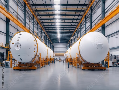 A massive private space agency s rocket assembly hangar with engineers working on new spacecraft photo