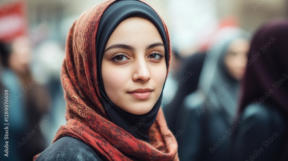 Strength radiates from her focused gaze as she marches forward, united with others in a powerful stand for change. Strength radiates from her focused gaze as she marches forward, united with others in a powerful stand for change.
