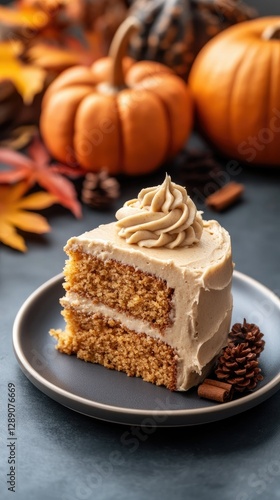 Wallpaper Mural Delicious slice of pumpkin spice cake decorated with creamy frosting on a plate with autumn decorations Torontodigital.ca