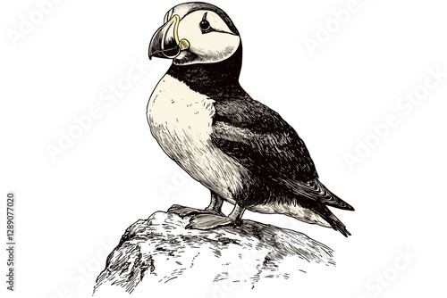 Hand-drawn puffin vector, aquatic animal illustration, vintage art, black sketch effect, trendy wildlife, antique style print design, wildlife illustration, nature art.
