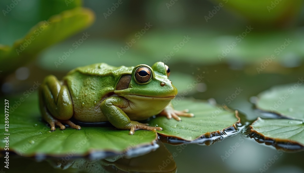 Green frog sitting on lily pad in pond. Amphibian rests in its natural wild environment. Flora, fauna, nature scenes, garden wildlife themes, outdoor, aquatic environments. Green frog sitting on lily pad in pond. Amphibian rests in its natural wild environment. Flora, fauna, nature scenes, garden wildlife themes, outdoor, aquatic environments.