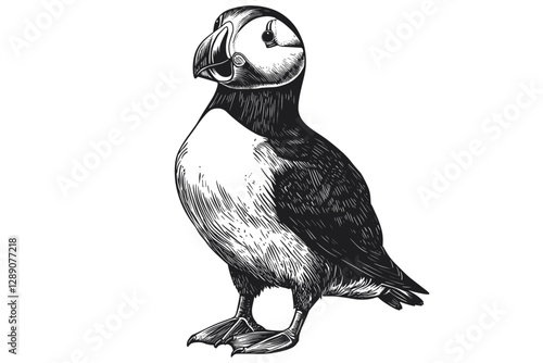Antique style puffin print design, wildlife vector, black sketch effect, trendy illustration, aquatic animal art, hand-drawn puffin, vintage wildlife illustration.