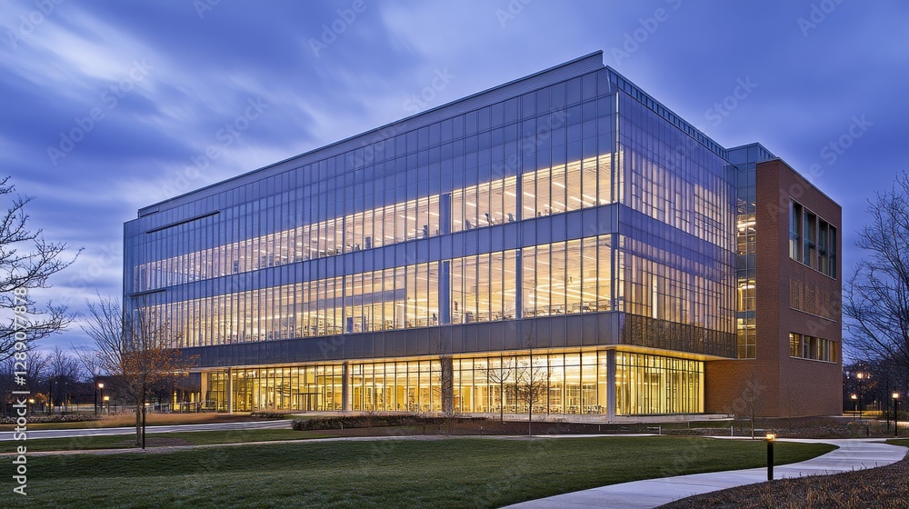 Obraz premium Modern Glass Building at Dusk with Lush Green Surrounding