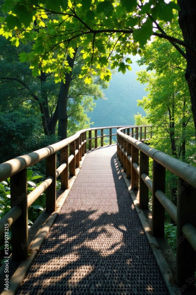 Serene Pathway Through Lush Foliage A Wooden Bridge Winding Gently Through a Canopy of Trees, Bathed in Sunlight Serene Pathway Through Lush Foliage A Wooden Bridge Winding Gently Through a Canopy of Trees, Bathed in Sunlight