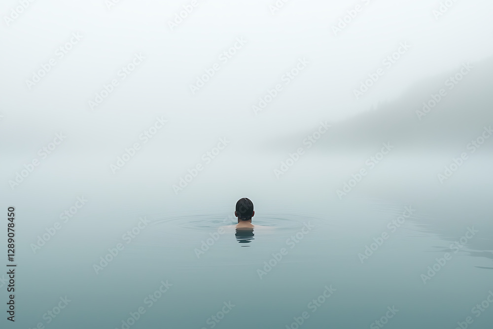 Obraz premium Solitude in Still Waters: Serene scene of a person swimming in a foggy lake, embracing the tranquility of nature and personal reflection.