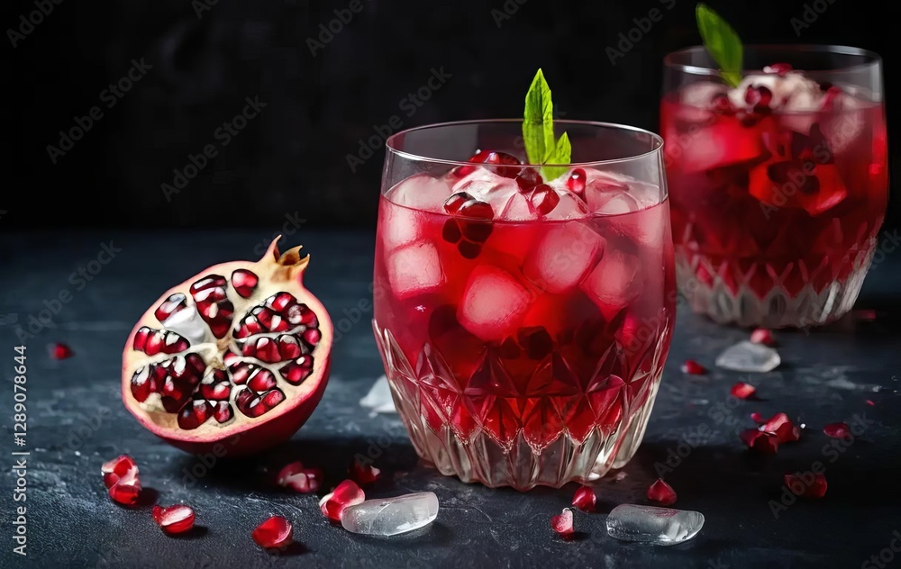 A cocktail with pomegranate and flowers in a glass on top of ice cubes, with a dark background A cocktail with pomegranate and flowers in a glass on top of ice cubes, with a dark background