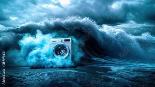 Creative Laundry Advertisement with Washing Machine Emerging from Ocean Waves, fresh clothes
 photo