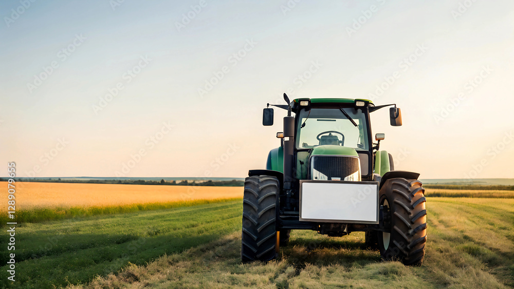 Large green tractor with a blank license plate on a rural field at sunset. Agricultural machinery in a scenic countryside landscape. Large green tractor with a blank license plate on a rural field at sunset. Agricultural machinery in a scenic countryside landscape.
