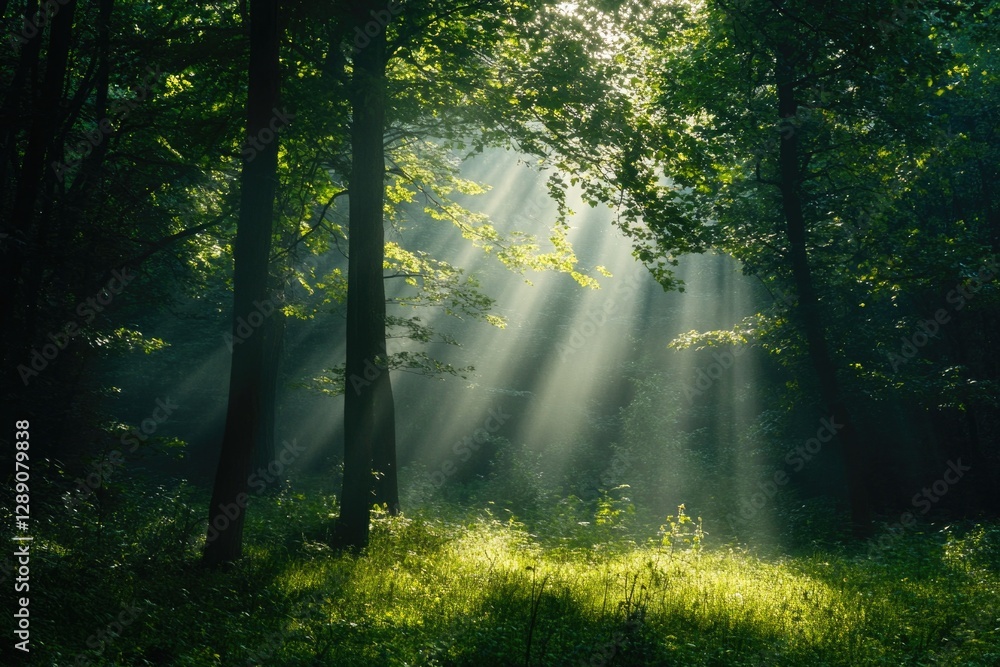 Obraz premium Trees illuminated by sunlight in a dense forest