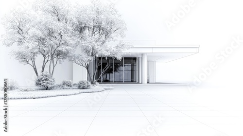 Modern building design  landscaping  entrance  white render