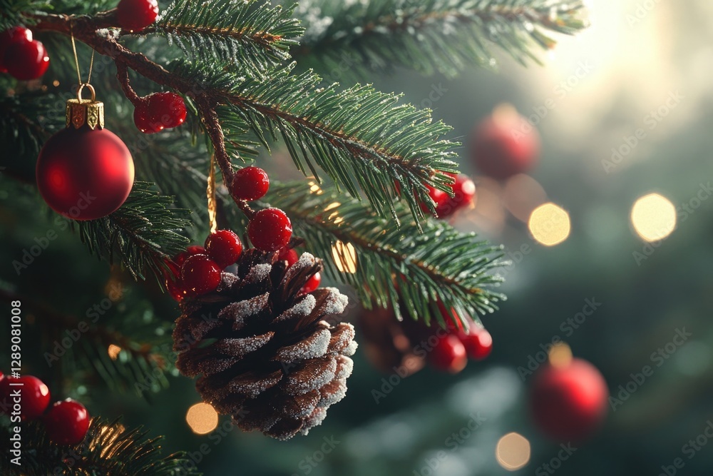 Fototapeta premium A close-up of a pine cone on a festive Christmas tree, great for holiday decorations and celebrations