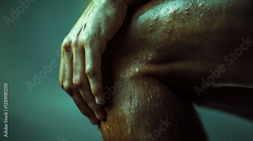 A close-up shot of a person holding their knee in discomfort or pain, great for use in medical or injury scenarios