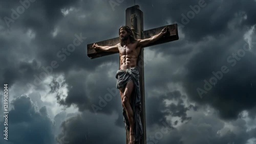 A man is crucified on a cross in a stormy sky. The scene is dark and moody, with the man's bare chest and arms exposed, emphasizing his vulnerability. The stormy sky adds to the sense of danger