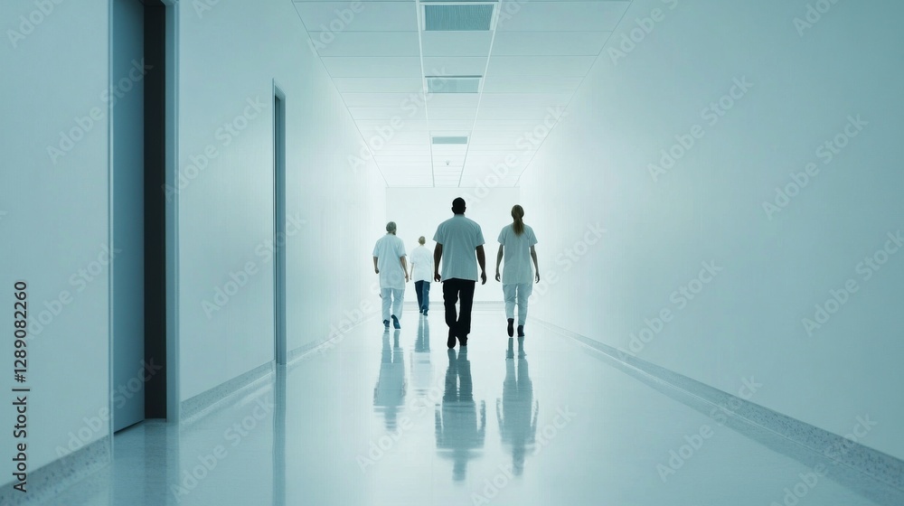 Hospital rush in a hospital corridor. Featuring healthcare staff walking briskly Hospital rush in a hospital corridor. Featuring healthcare staff walking briskly