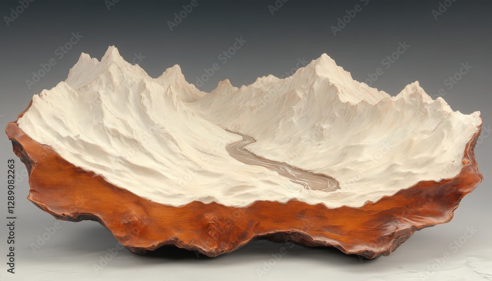Fototapeta premium Abstract ceramic sculpture depicting a landscape with a river. The piece is predominantly off-white and features a reddish-brown border
