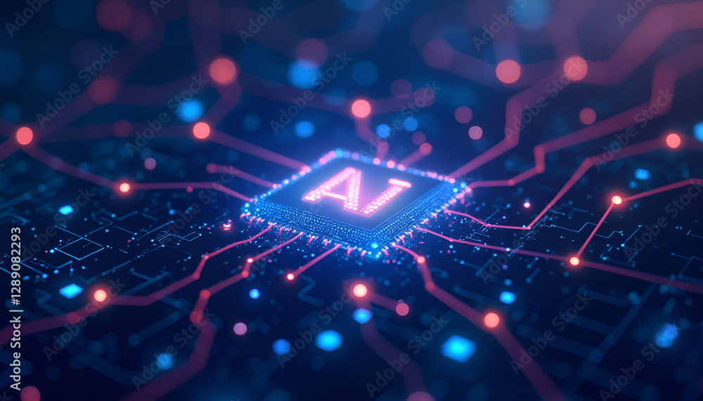 Artificial intelligence microchip with digital connections and glowing circuit patterns Artificial intelligence microchip with digital connections and glowing circuit patterns