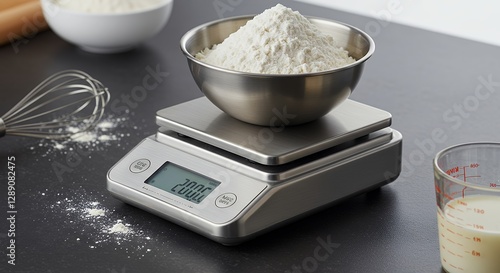 Weighing Flour on Digital Kitchen Scale for Baking Preparation
