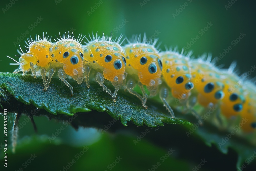 Naklejka premium Vibrant yellow caterpillar with blue eyes crawls on a green leaf.