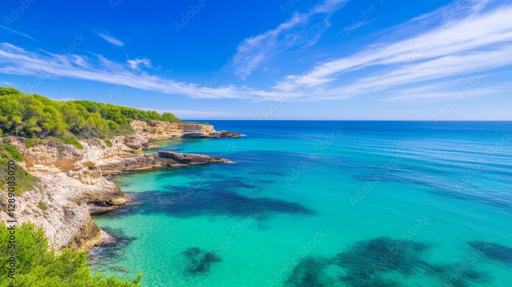 Fototapeta premium Serene Coastal Cliffs and Turquoise Waters - Stunning view of a picturesque coastline with clear turquoise water, rocky cliffs, and lush green vegetation under a vibrant blue sky