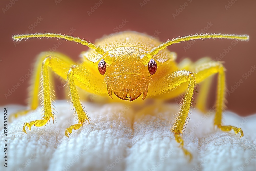 Fototapeta premium Close-up of a vibrant yellow insect with intricate details, perched on a textured white surface.