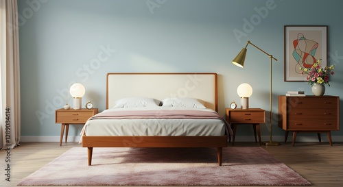 Bedroom Interior with Bedside Tables Modern Furniture and Minimalist Wall Art