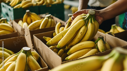Packing fresh bananas into boxes, workers handling fruit at processing plant. Dynamic action, natural light.