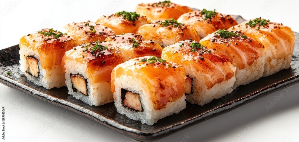 Delicious sushi rolls arranged beautifully on a black plate, showcasing fresh ingredients and vibrant colors for food photography or culinary art Delicious sushi rolls arranged beautifully on a black plate, showcasing fresh ingredients and vibrant colors for food photography or culinary art