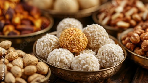 Assorted indian sweets laddus with nuts in brass bowls photo