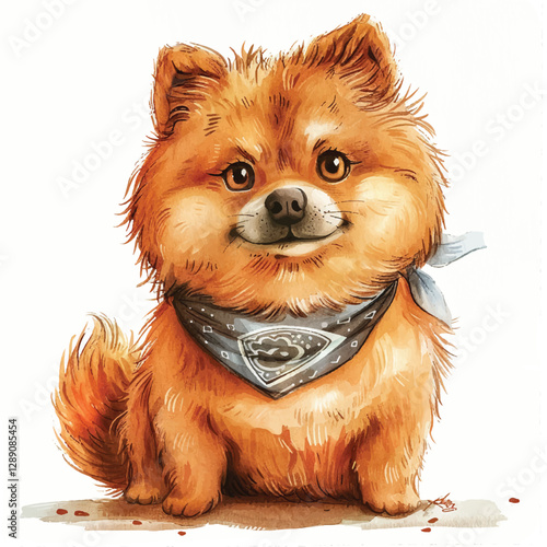 A fluffy dog with a bandana around its neck cartoon style watercolor