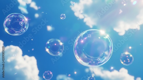 Fototapeta Naklejka Na Ścianę i Meble -  Floating bubbles in clear blue sky with fluffy clouds and sunlight