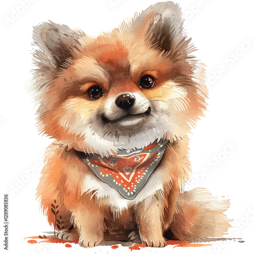 A fluffy dog with a bandana around its neck cartoon style watercolor