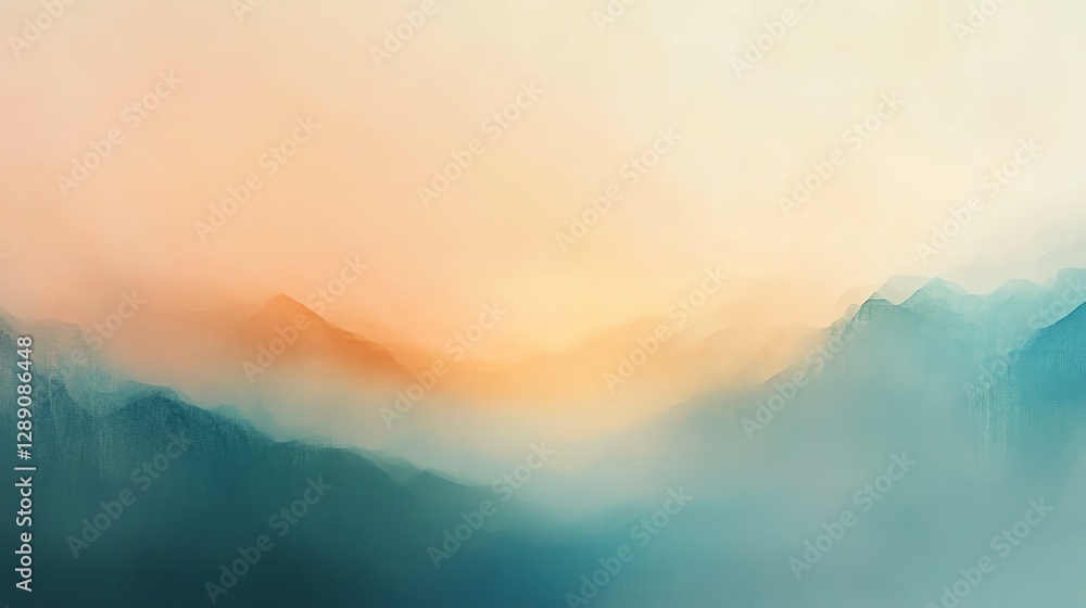 Fototapeta premium A serene landscape featuring soft, blended mountains fading into the horizon with a pastel sky at dawn, evoking tranquility and natural beauty.