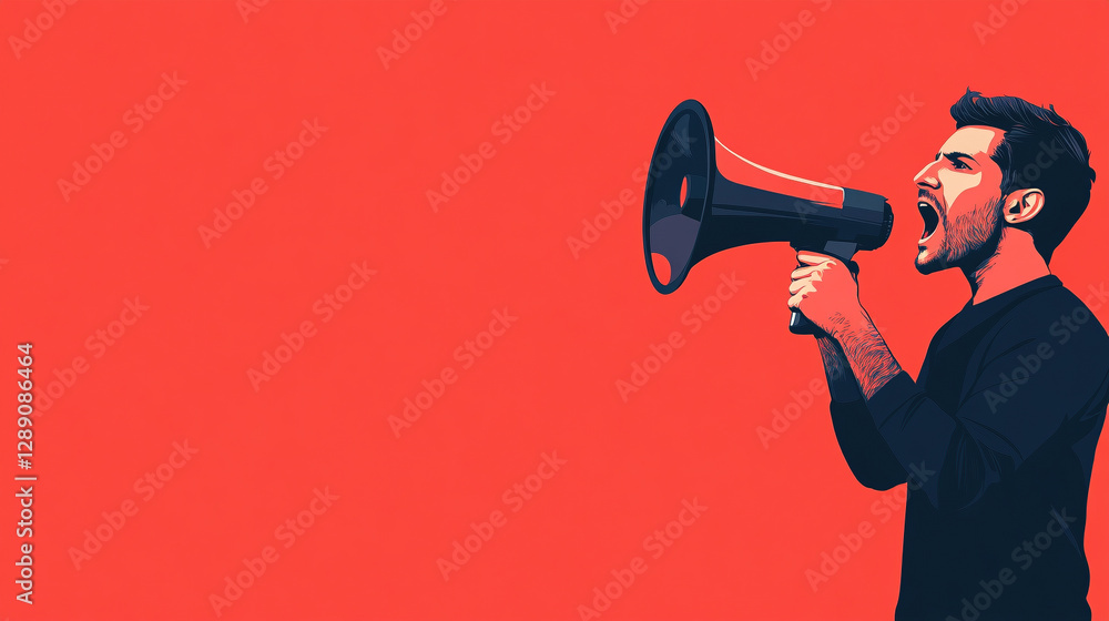 Man Shouting Through Megaphone with Bright Red Background Man Shouting Through Megaphone with Bright Red Background