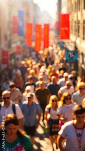 Wallpaper Mural Blurry Crowd In Sunlight showcasing people walking in a busy street, illuminated by warm sunlight. Torontodigital.ca